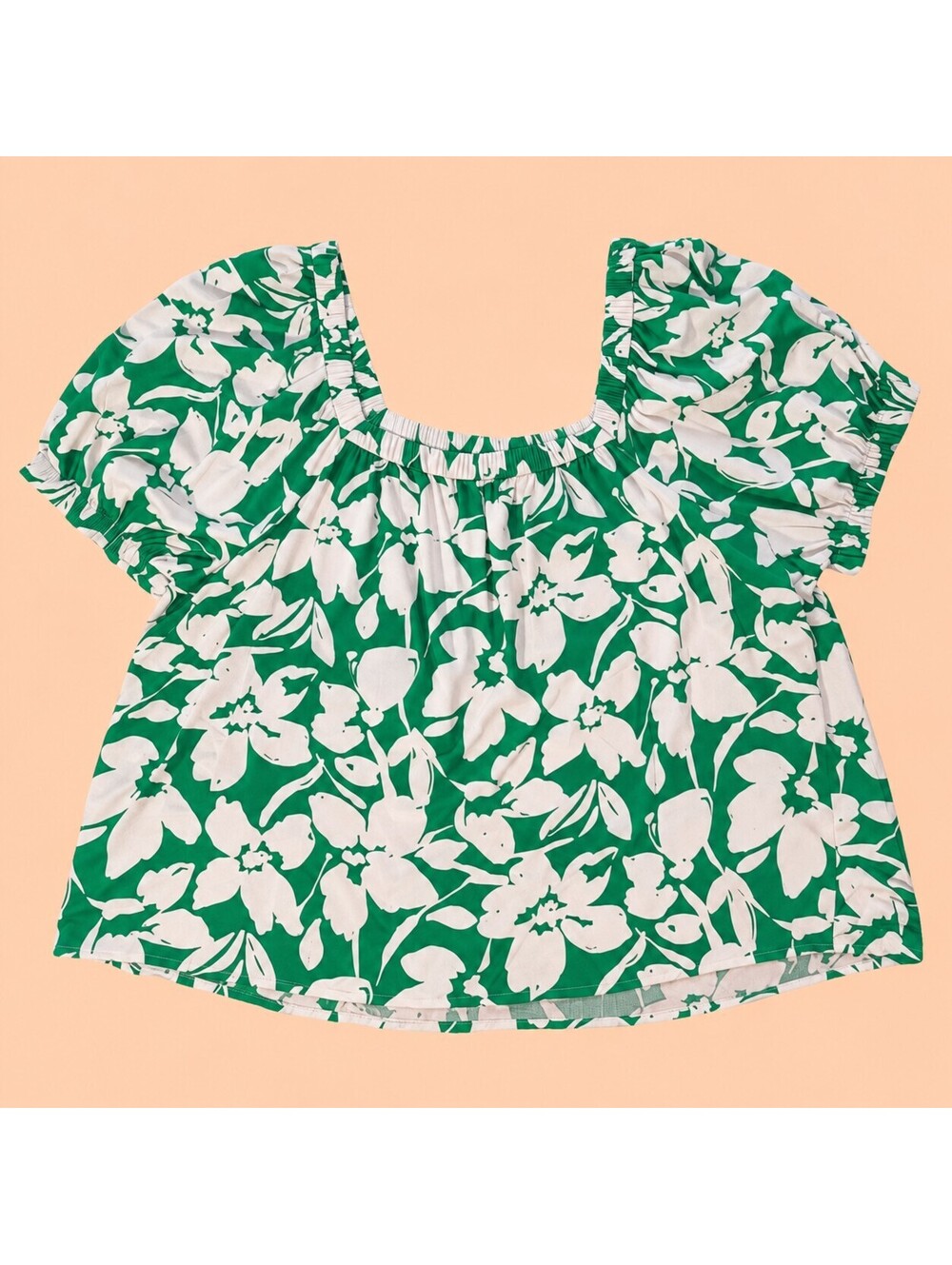 Sonoma Goods for Life Womens 2X Green White Floral Puff Sleeve Peasant Blouse